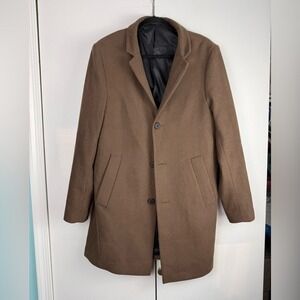 H&M Men Camel Brown Wool Blend Overcoat 38R Long Sleeve Button Front Jacket